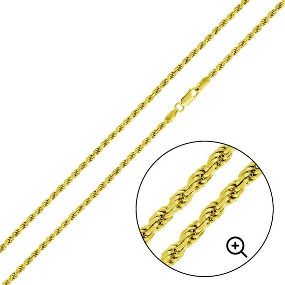 Gold Plated Sterling Silver Diamond-Cut Rope Chain 3mm Solid  Sterling Silver 925 Gold Plated Rope Gold Plated Bracelet 2.2mm